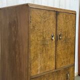 1950s English sideboard with drawers, Art Deco style, in walnut burl.
