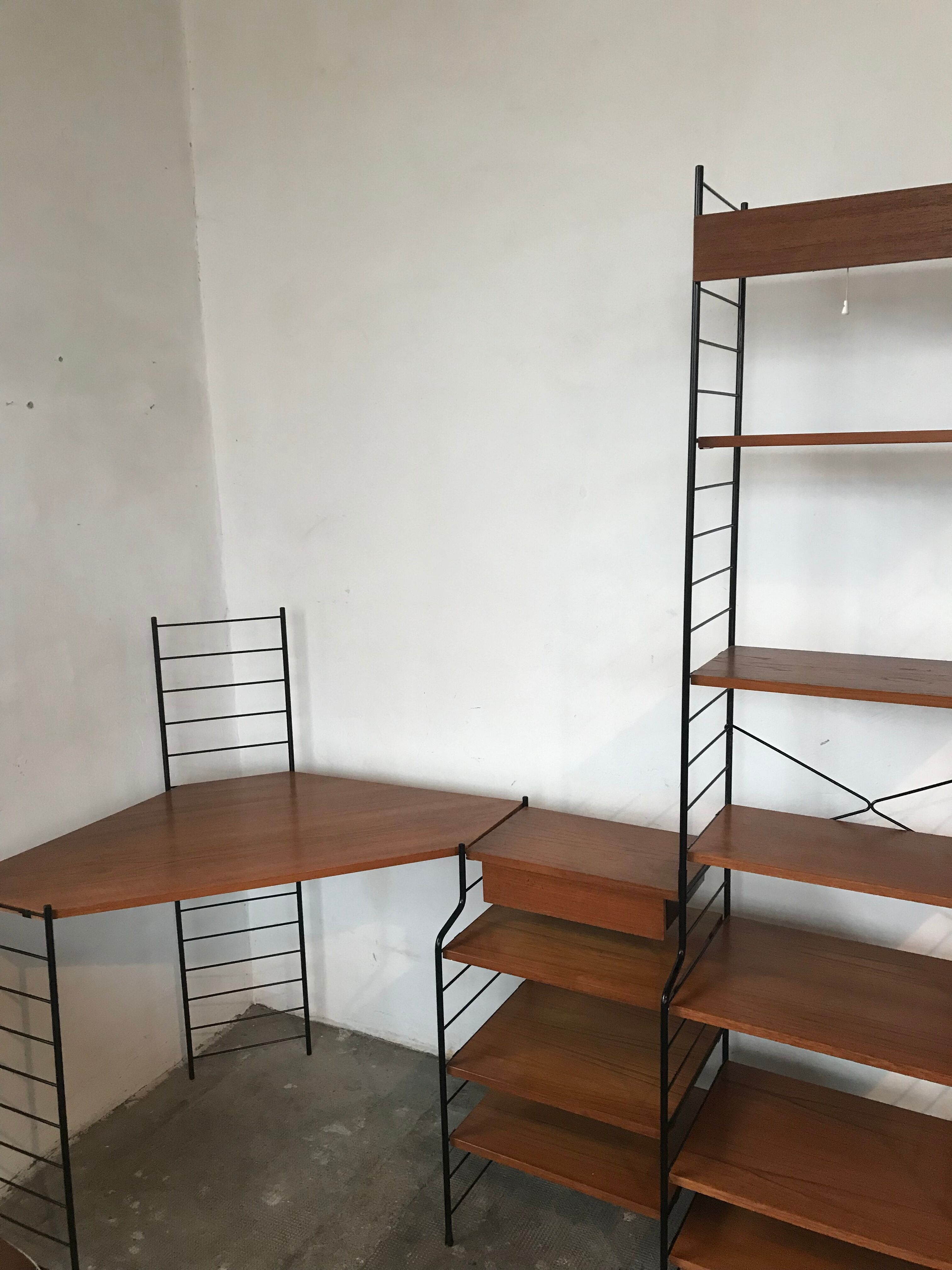 Modular vintage string wall shelf system with 1960-1980's desk