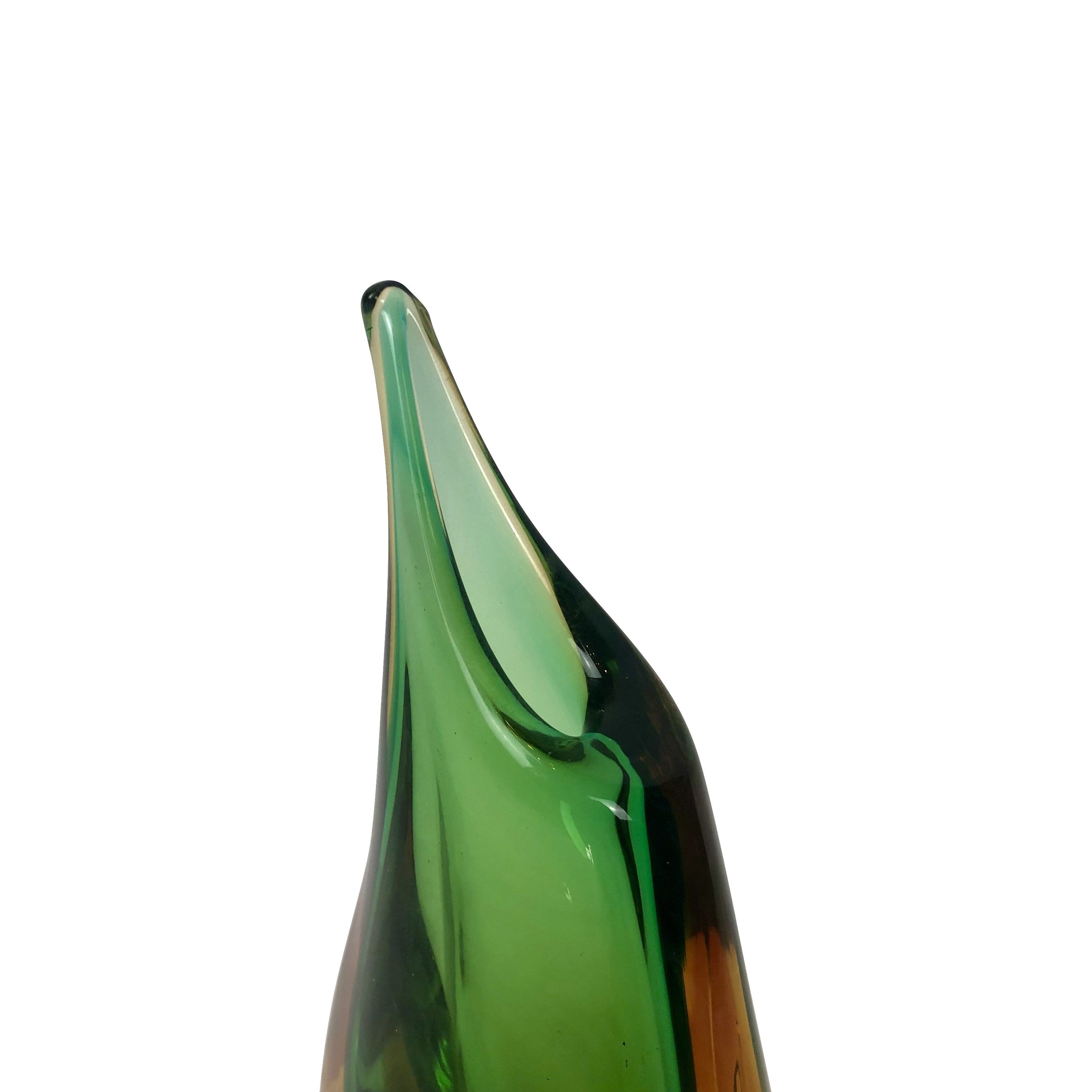 Asymmetrical vase in green and orange sommerso Murano glass