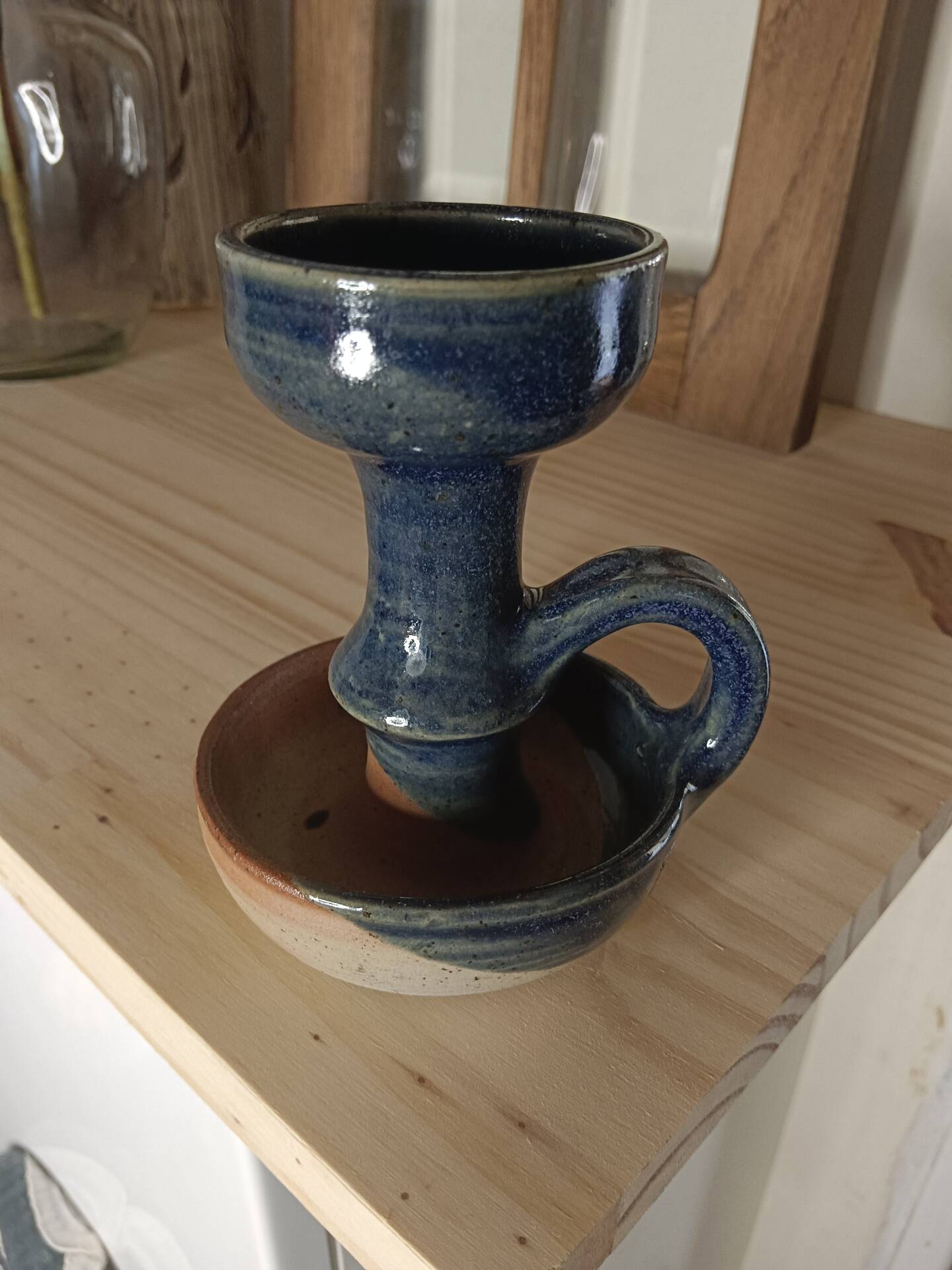 Bougeoir « Rat de Cave » en Grès Émaillé Bleu – Vintage Artisanal