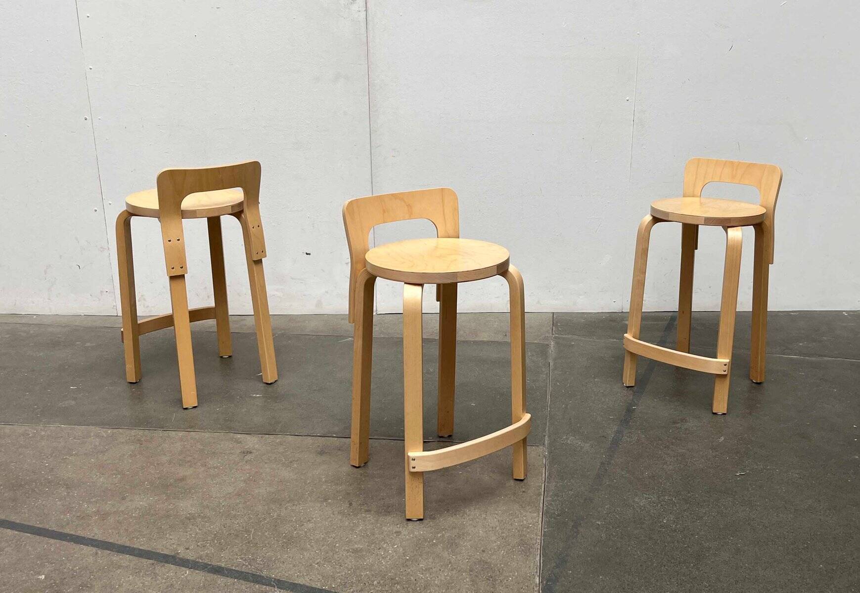 Mid-Century Modern High Stools K65 by Alvar Aalto for Artek, Finland, 2017, Set of 3