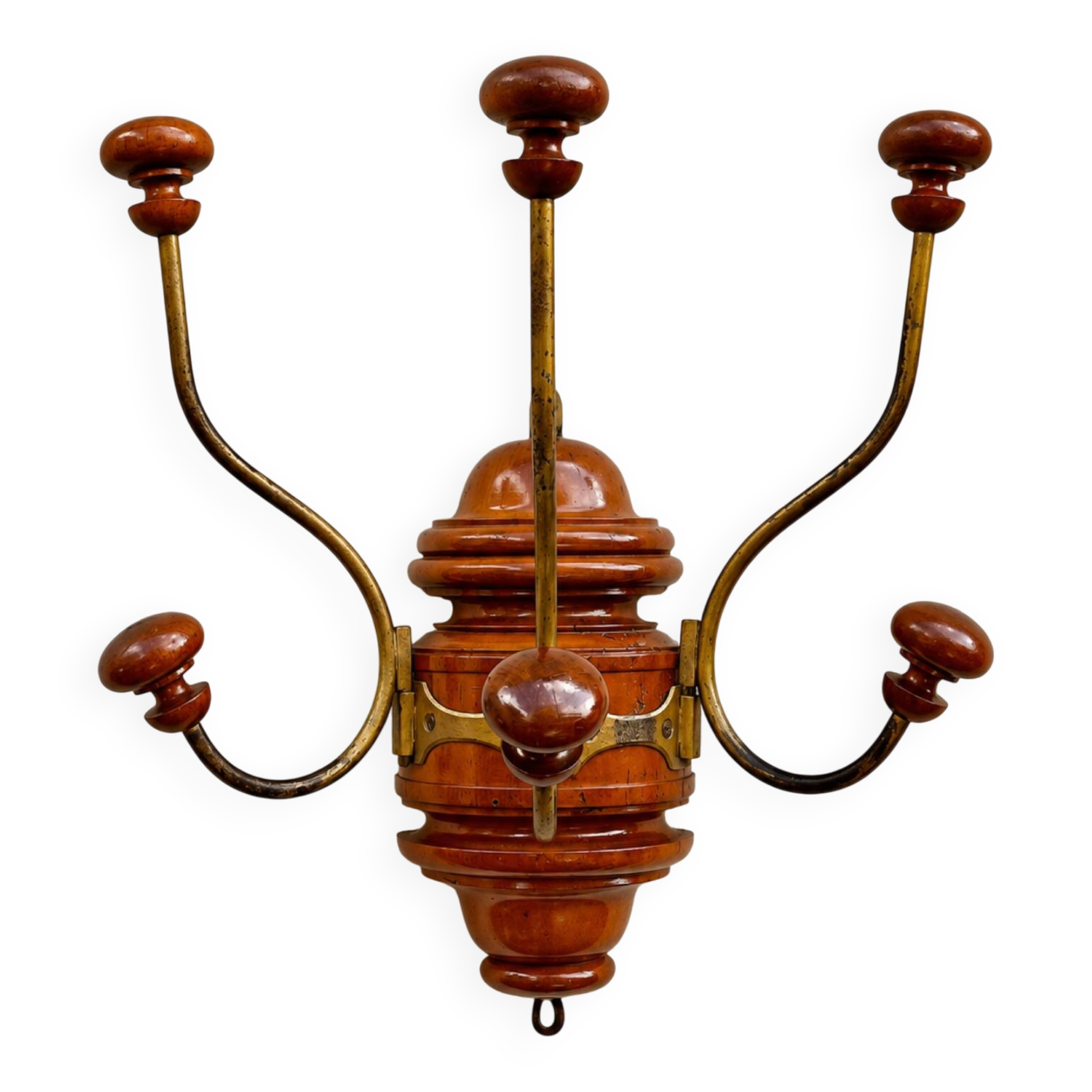 Antique wall coat rack in turned wood and gilded metal, circa 1900-1930.