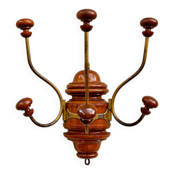Porte-manteau mural ancien en bois tourné et métal doré, vers 1900-1930