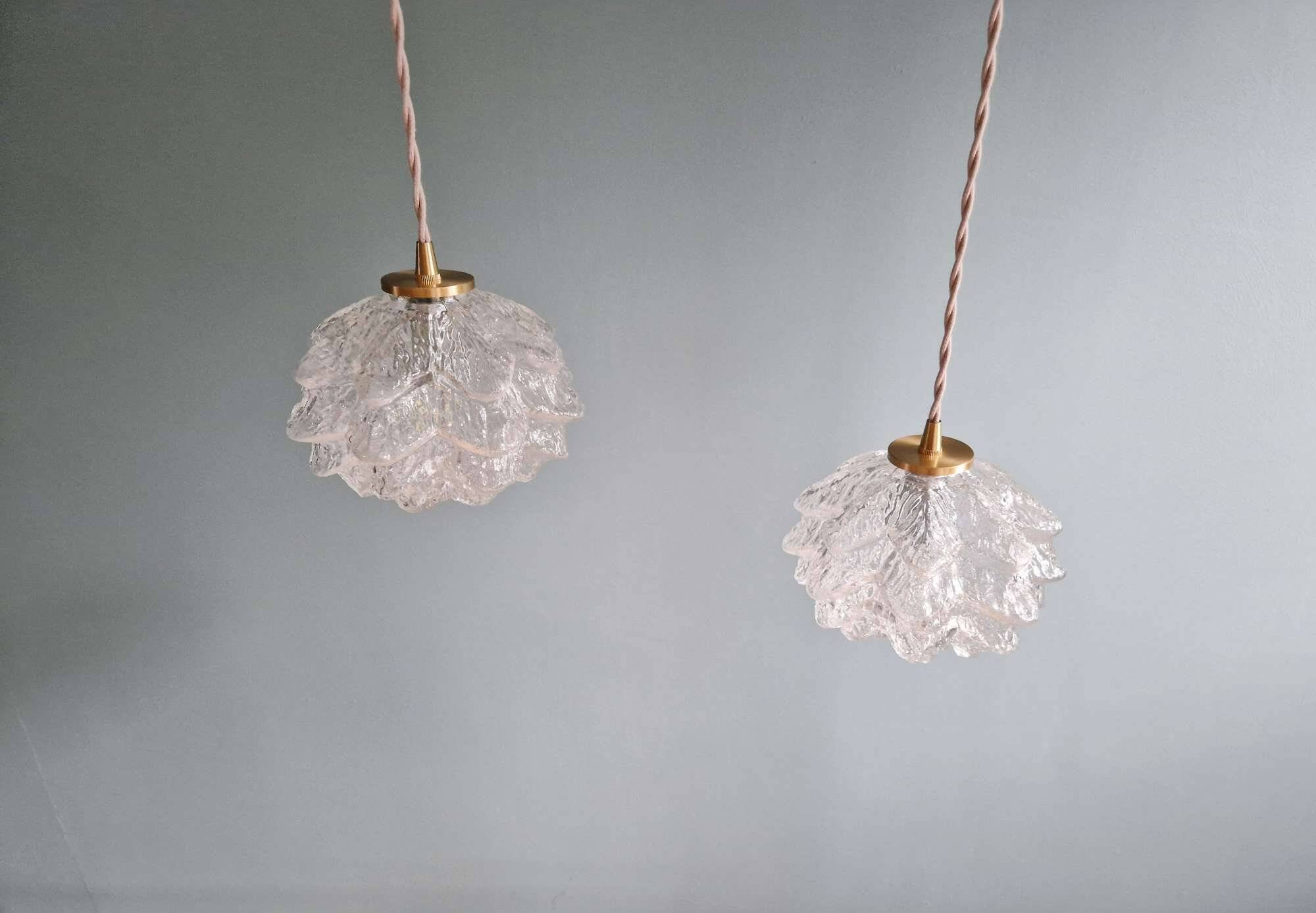 Pair of frosted glass pendant lights, artichoke-shaped, 1960s.