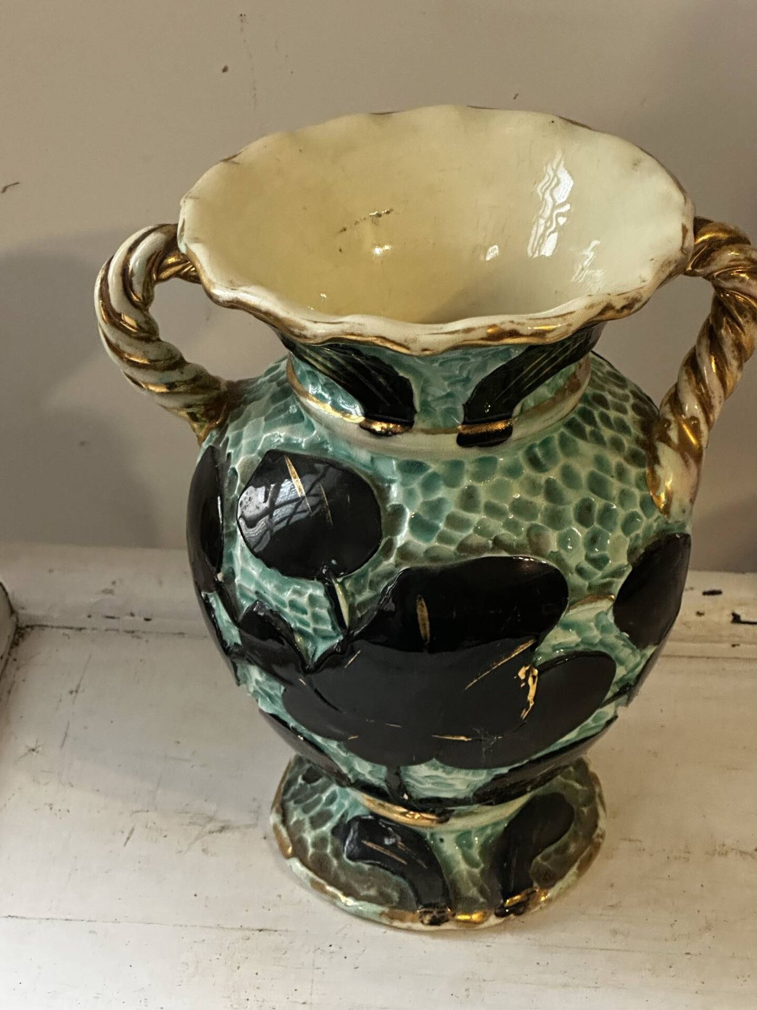 Pair of Vallauris vases in turquoise and black ceramic enhanced with o