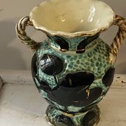 Pair of Vallauris vases in turquoise and black ceramic enhanced with o