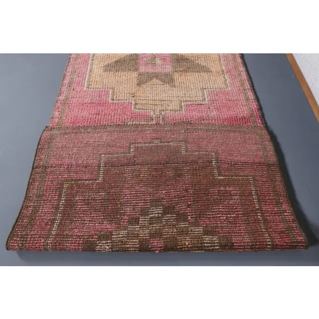 Vintage Turkish hand-knotted wool cotton pink runner rug 92x290