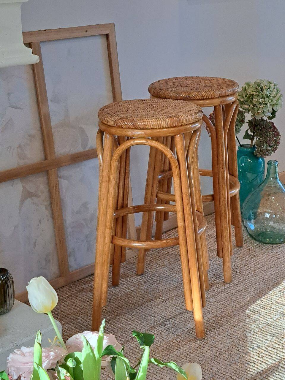Vintage rattan and wicker bar stools