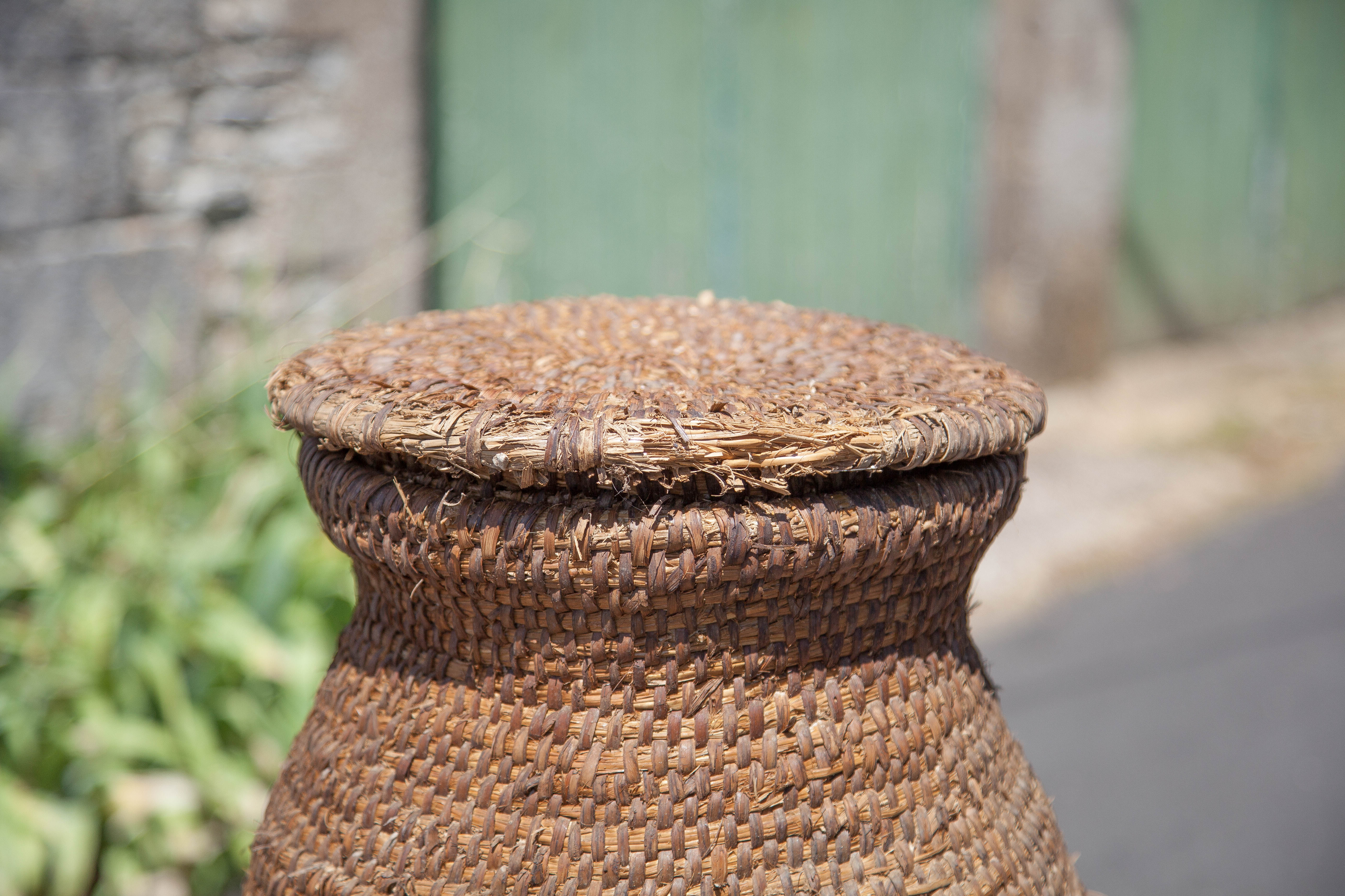 Old basket, burgundy straw and bramble with lid, woven basket