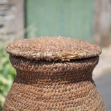 Old basket, burgundy straw and bramble with lid, woven basket