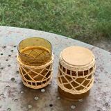 Service a porto ou a aperitif compose d'une carafe et de 6 verres, en verre de couleur ocre et rotin