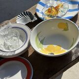 3 large Italian plates with blue stripes and lemons pattern