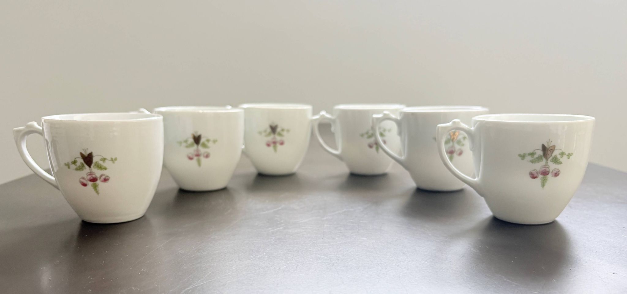 Service of 6 Fine Porcelain Cups with Art Nouveau Rose Decoration