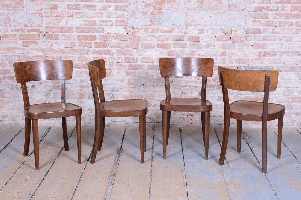 Art Deco Czech Chairs in Beech and Walnut from Thonet, 1940s, Set of 4