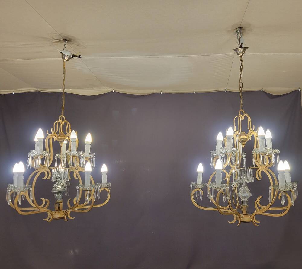 Pair of cage chandeliers with pendants