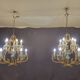 Pair of cage chandeliers with pendants
