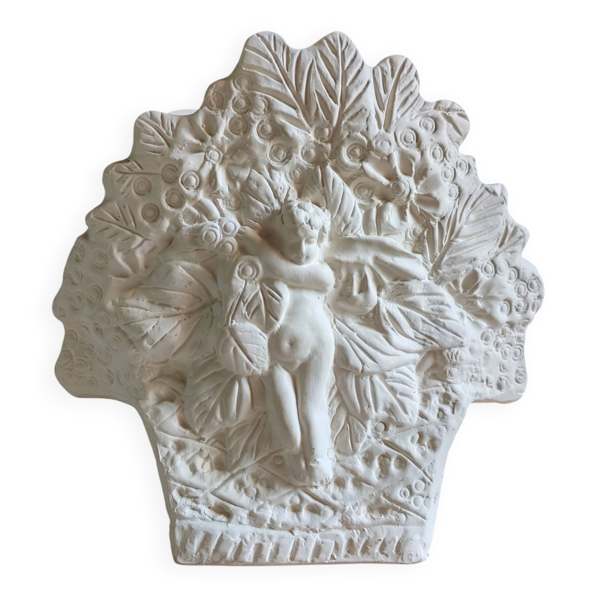 Angel Vase in White Plaster, Vintage Planter with Cherub and Flower Motif