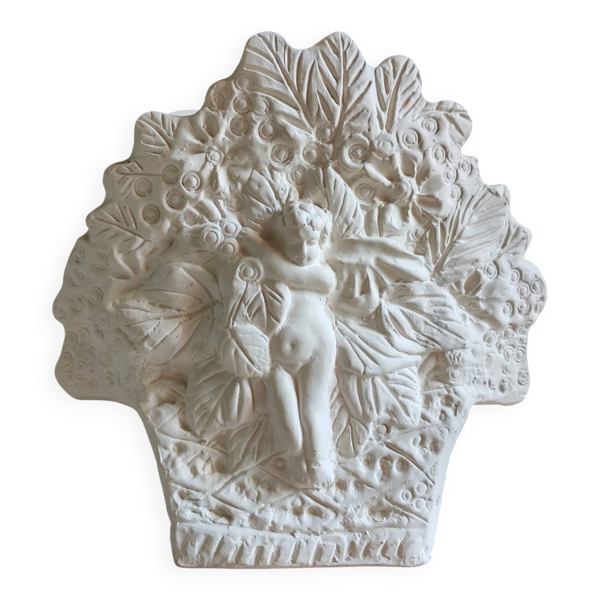 Vase Ange en Plâtre Blanc, Jardinière Vintage Motif Chérubin et Fleurs