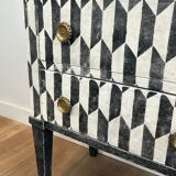 Small Italian chest of drawers with two drawers, patinated with a trompe-l'œil checkerboard pattern