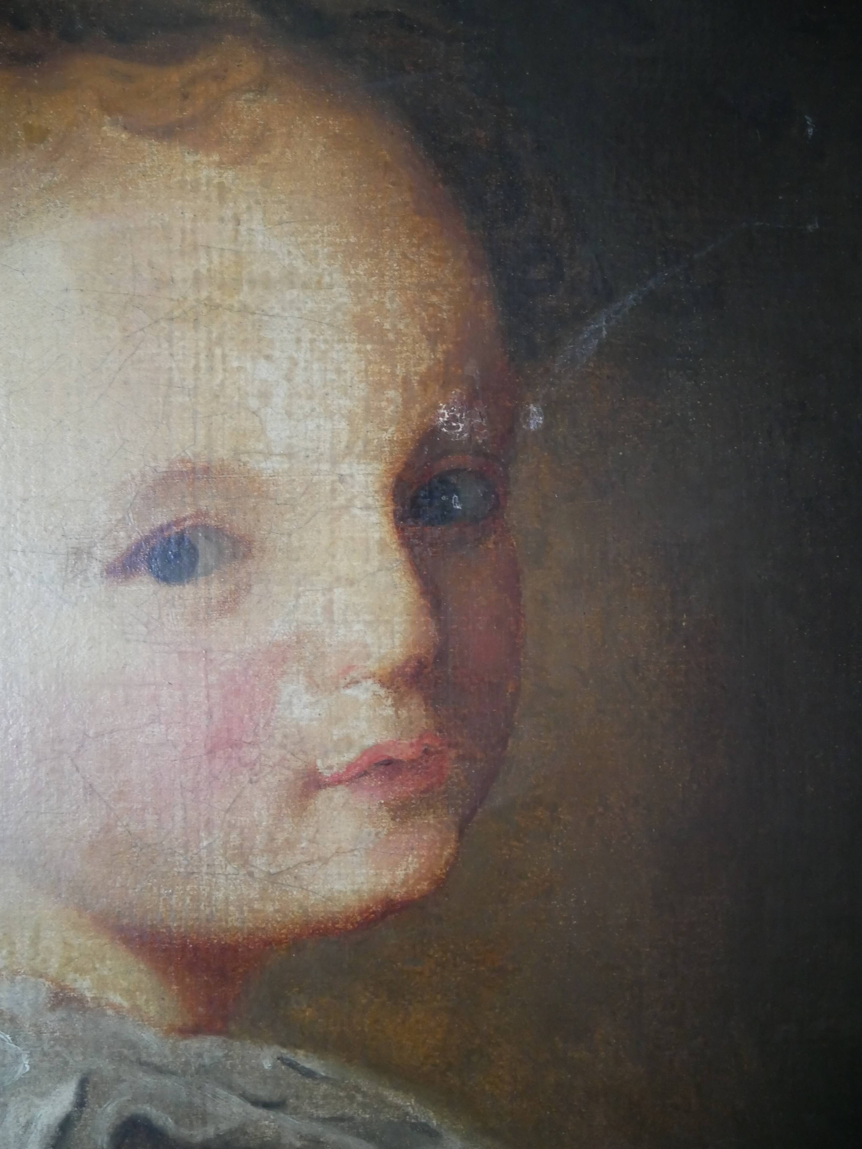 Old oil painting on canvas, countryside decoration, child portrait