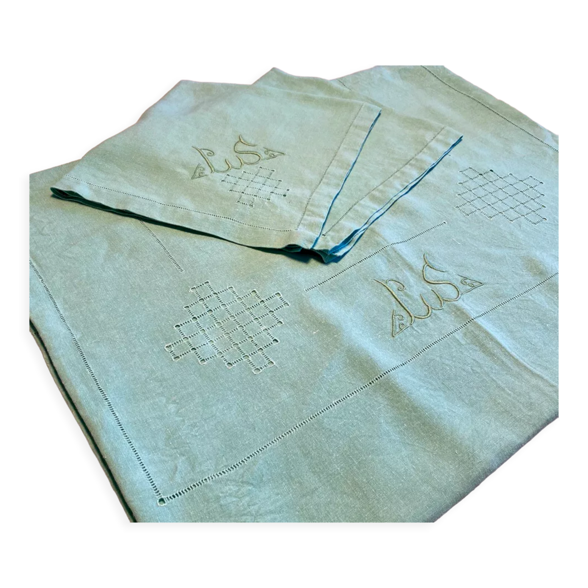 Old tablecloth and its 8 embroidered napkins "la malabar LS" - green - 150x170 cm - linen thread