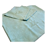 Old tablecloth and its 8 embroidered napkins "la malabar LS" - green - 150x170 cm - linen thread
