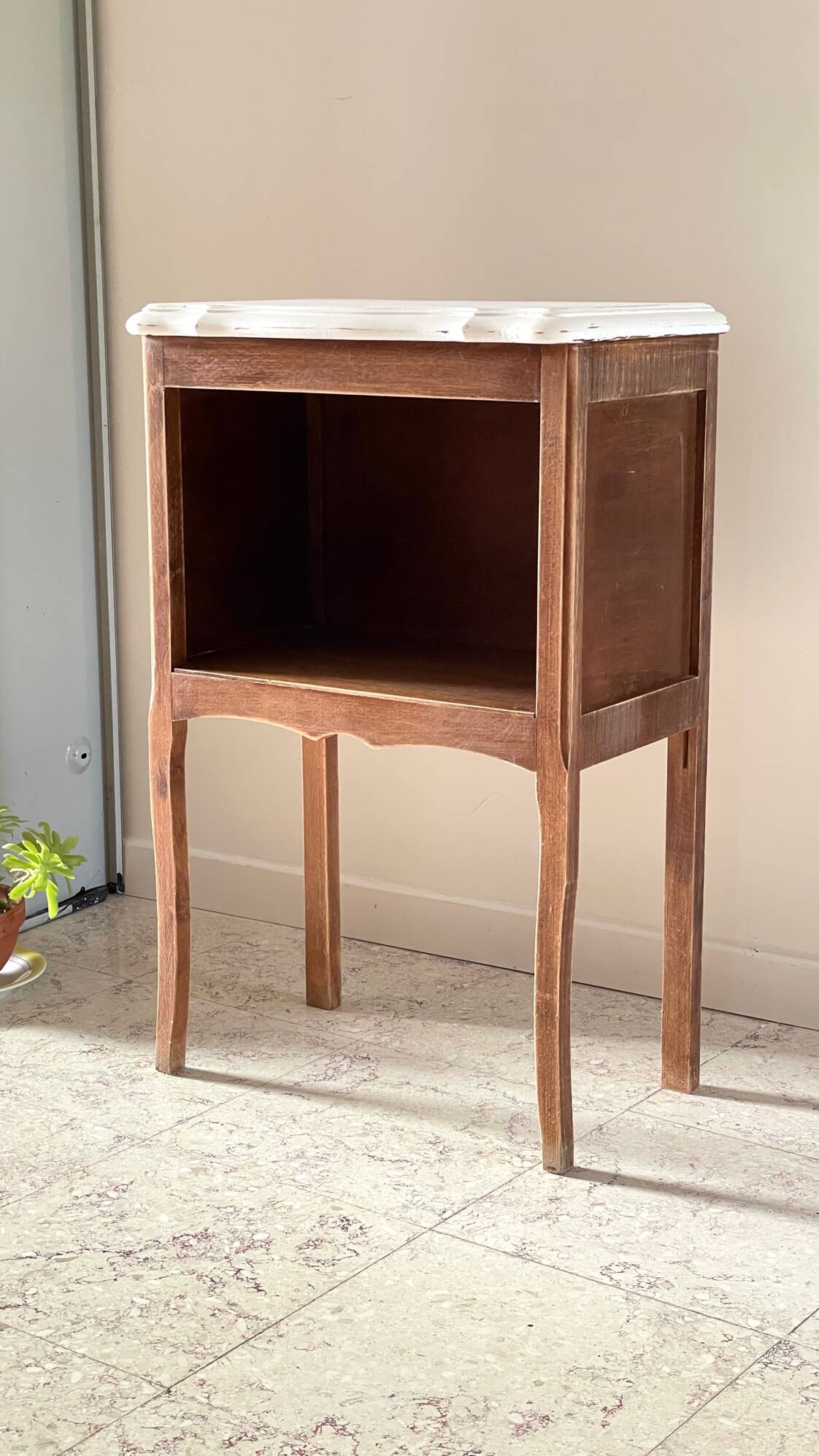 Vintage wood and white bedside table