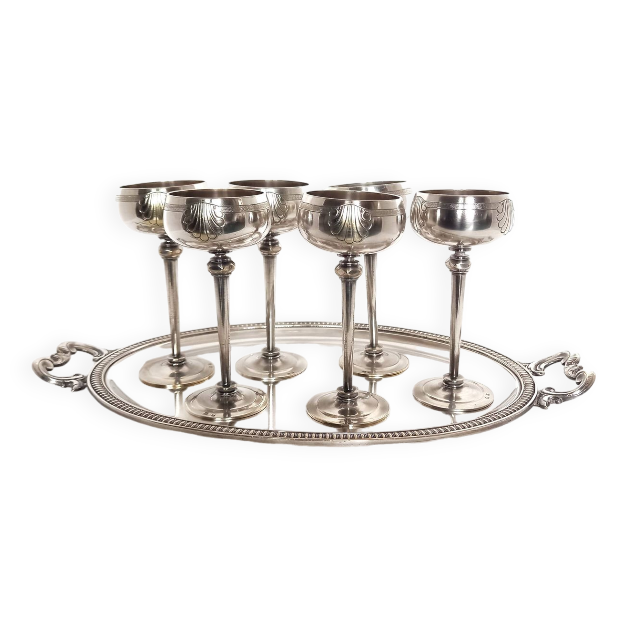Silver Metal Liquor Set Consisting Of Six Stemmed Glasses On Their Tray