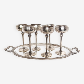Silver Metal Liquor Set Consisting Of Six Stemmed Glasses On Their Tray
