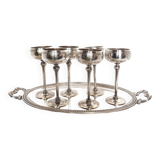 Silver Metal Liquor Set Consisting Of Six Stemmed Glasses On Their Tray
