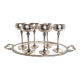Silver Metal Liquor Set Consisting Of Six Stemmed Glasses On Their Tray