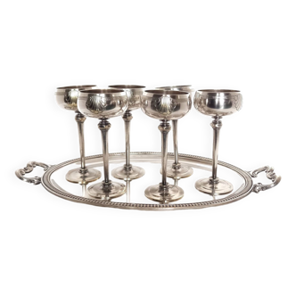 Silver Metal Liquor Set Consisting Of Six Stemmed Glasses On Their Tray