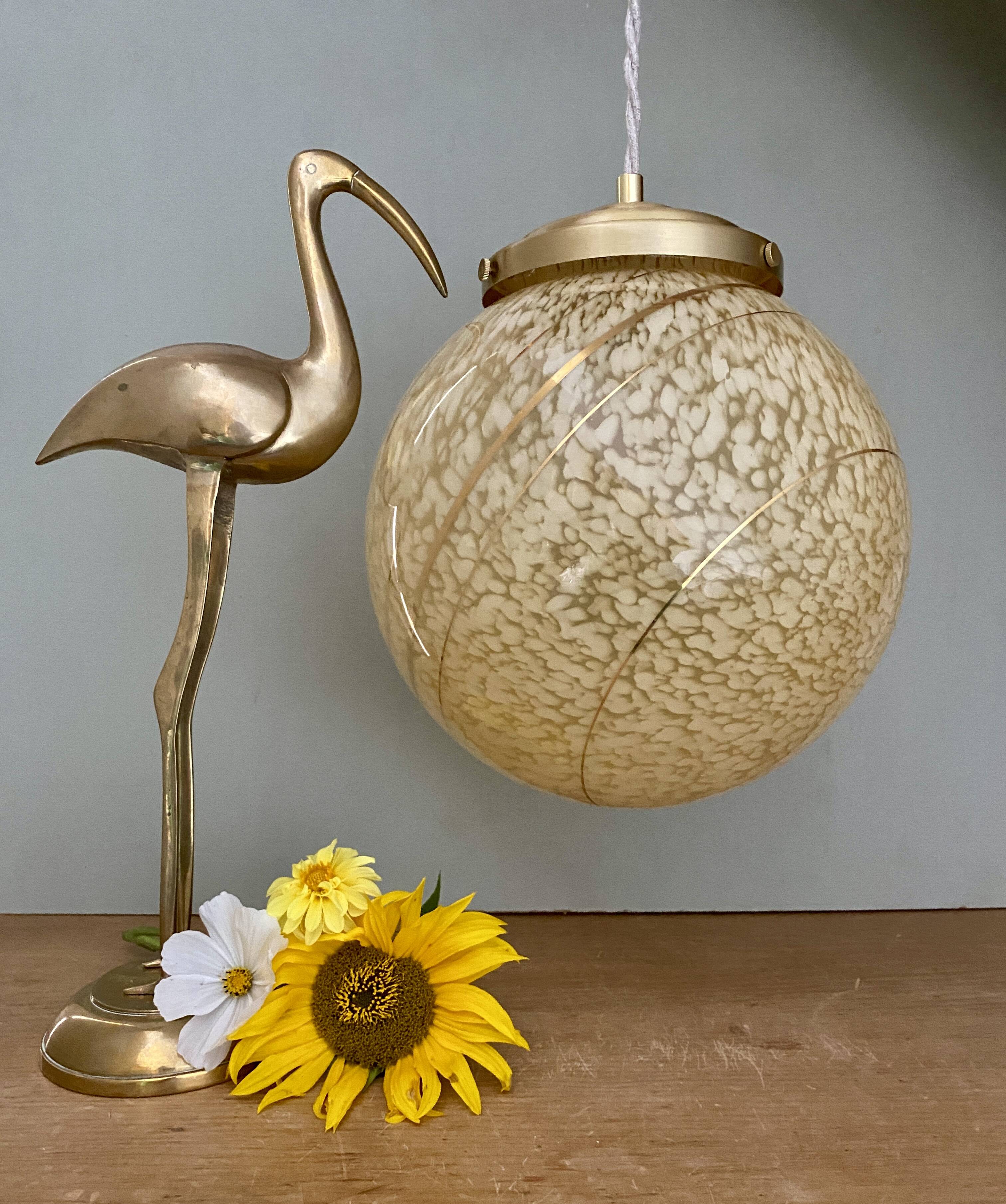 Vintage globe pendant light in yellow and gold clichy glass XXL