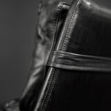 Mid-century danish modern minimalist black leather swivel armchair by georg thams, 1960s