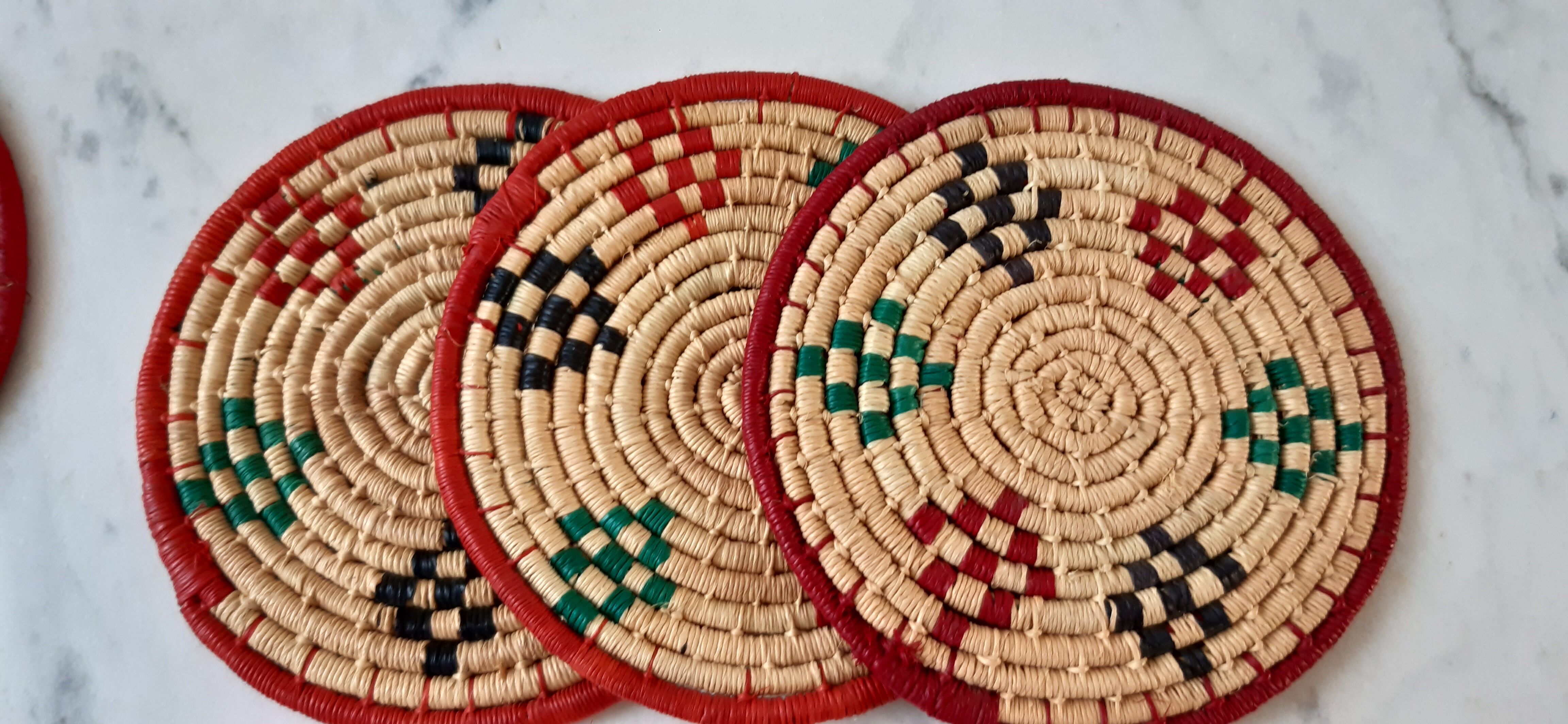 Set of bottle underwear and coasters in wicker / rope 70s