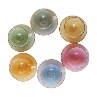6 Harlequin vintage arcopal cups and sub-cups 220647