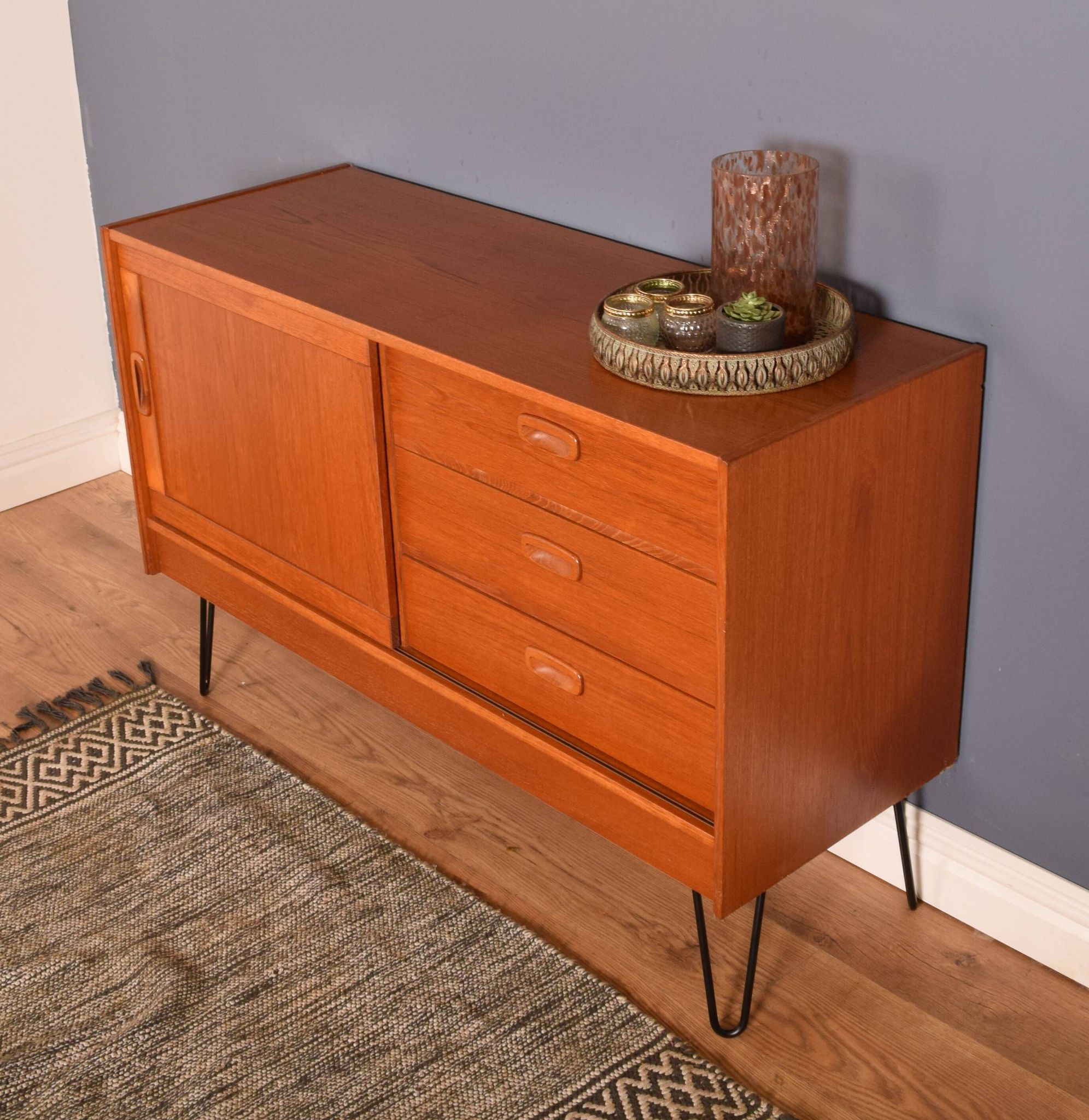 Restored Danish Teak 1960s Short Retro Sideboard Hairpin Legs