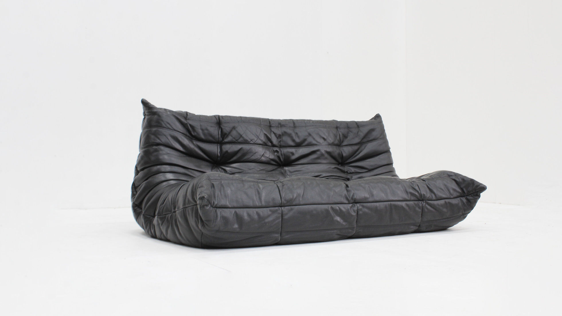 Vintage Togo Ligne Roset 3 seater sofa black leather by Michel Ducaroy 1990s