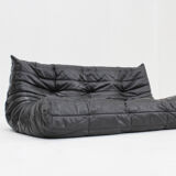 Vintage Togo Ligne Roset 3 seater sofa black leather by Michel Ducaroy 1990s