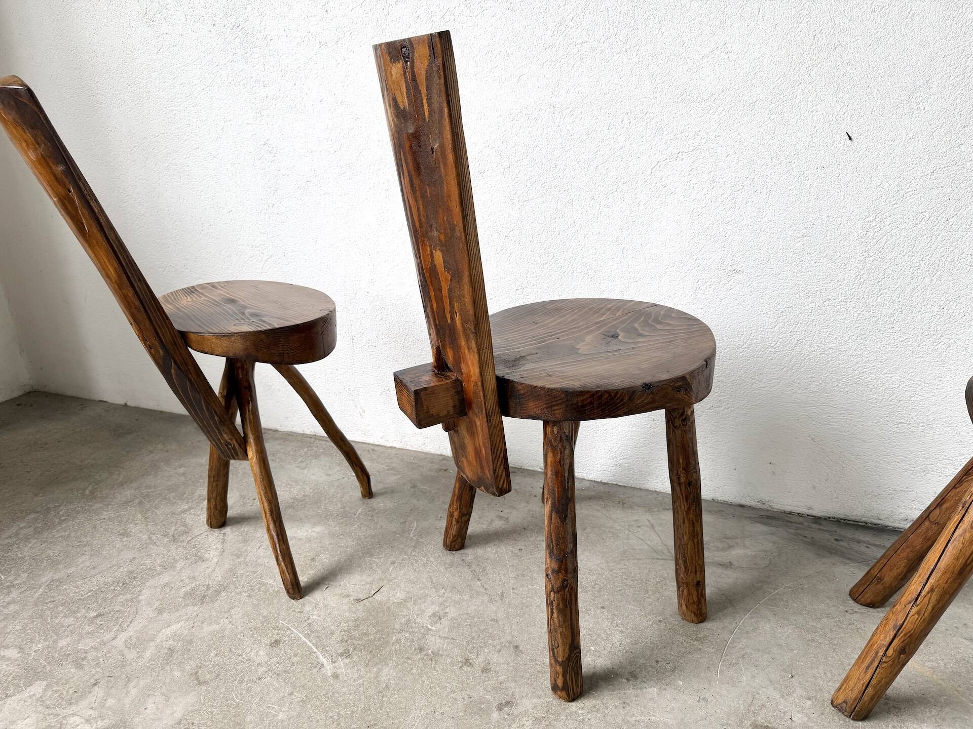 Set of three alpine chairs in solid pine, France, 1950s.