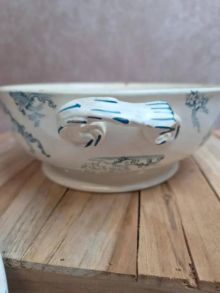 Antique ironstone soup tureen Clairefontaine with blue cyclamen decoration.