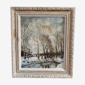 Huile sur toile signée, paysage de neige