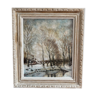 Huile sur toile signée, paysage de neige