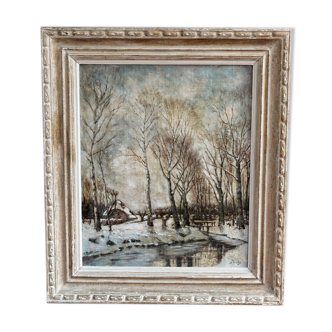 Oil on canvas signed, snow landscape