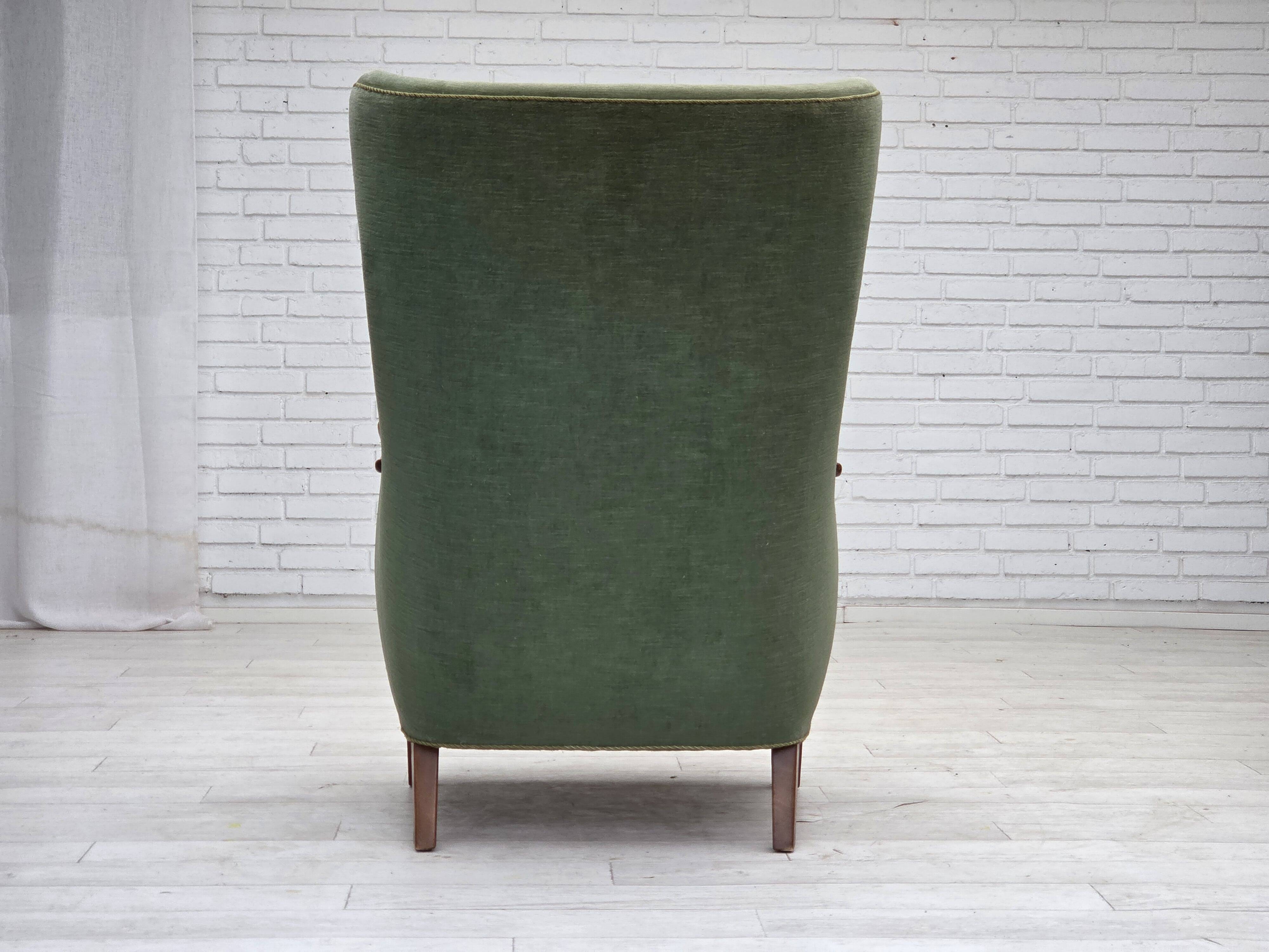 1960s, Danish highback armchair, green furniture velour, teak wood.