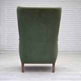 1960s, Danish highback armchair, green furniture velour, teak wood.