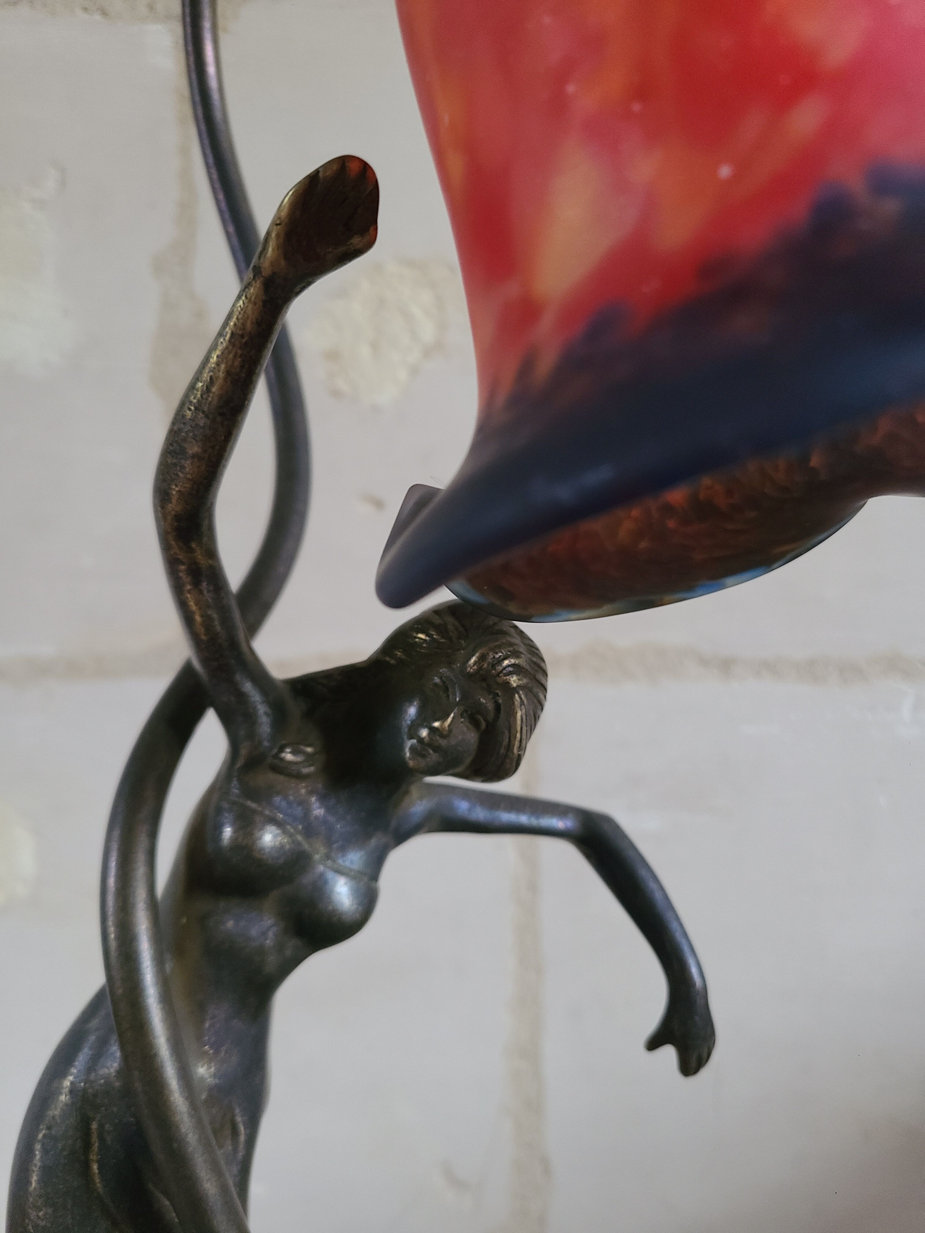 Art nouveau bronze lamp and glass paste