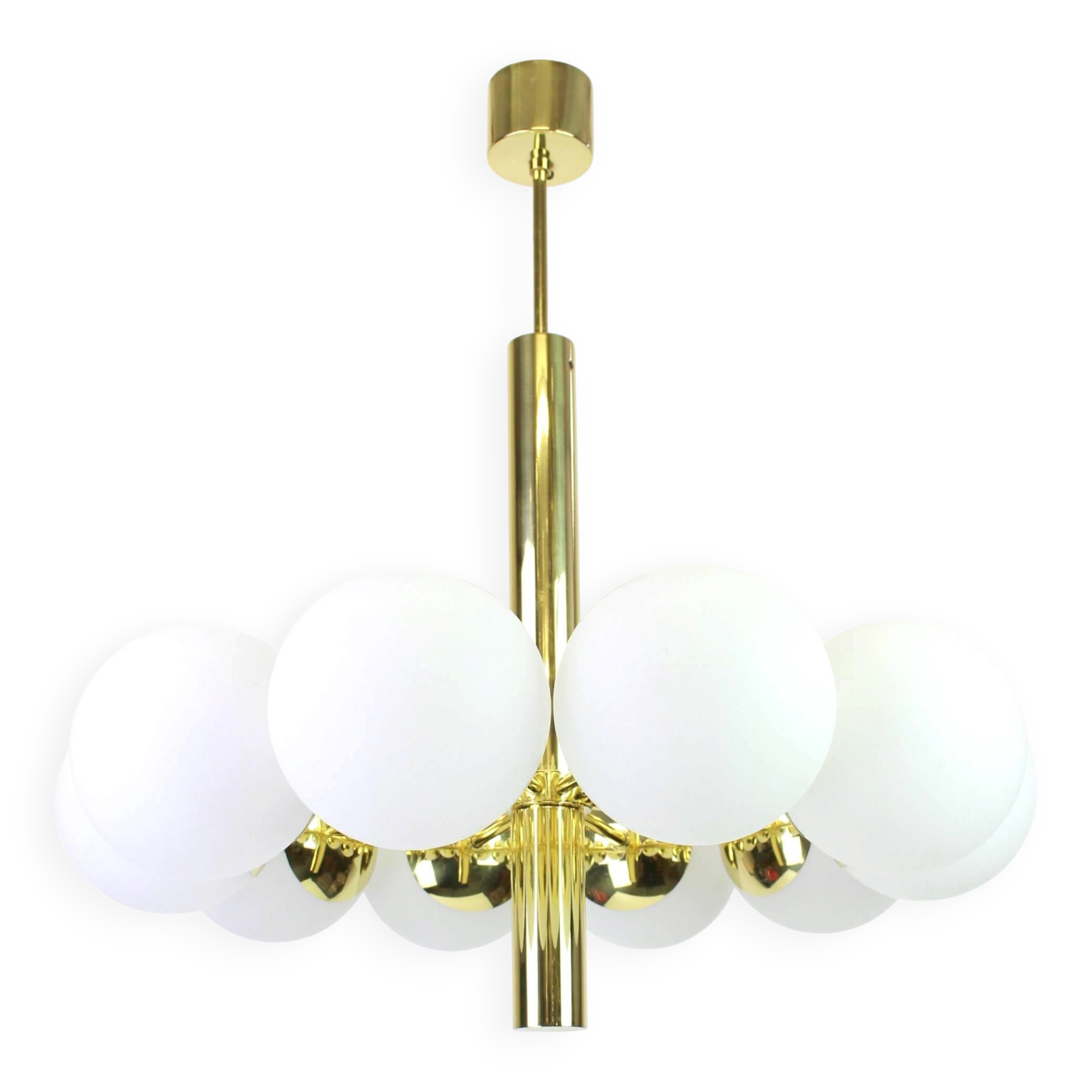 1 of 2 large splendid Kaiser Sputnik chandeliers with opal globes, Germany, 1970s