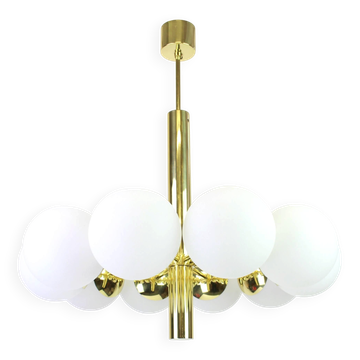 1 of 2 large splendid Kaiser Sputnik chandeliers with opal globes, Germany, 1970s