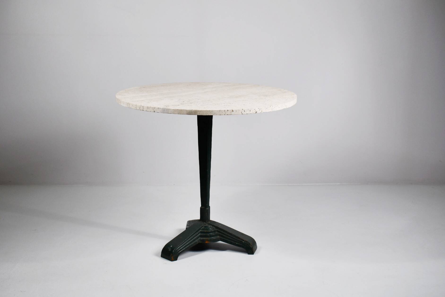 Vintage travertine bistro/dining table, solid metal base. (A)